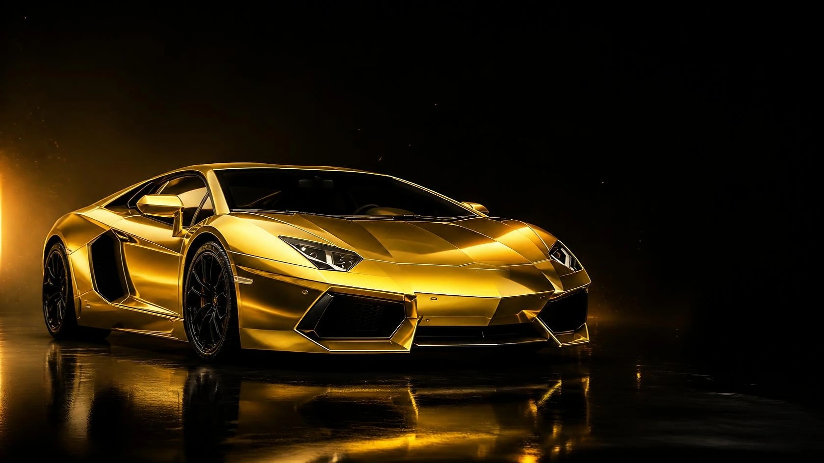 A gold supercar in a dark studio.