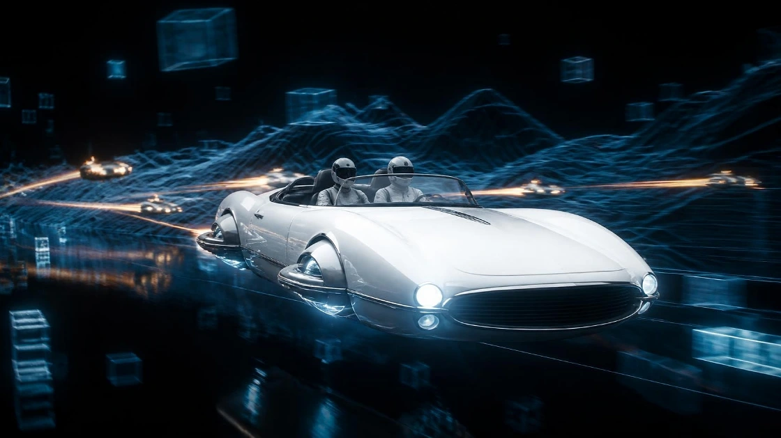 Illustration of the Grid circuit: a white roadster racing through a digital world of glowing lines.