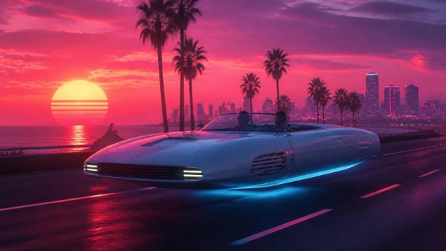 Illustration of the Neon circuit: a white flying roadster on a coastal highway at sunset, among palm trees.