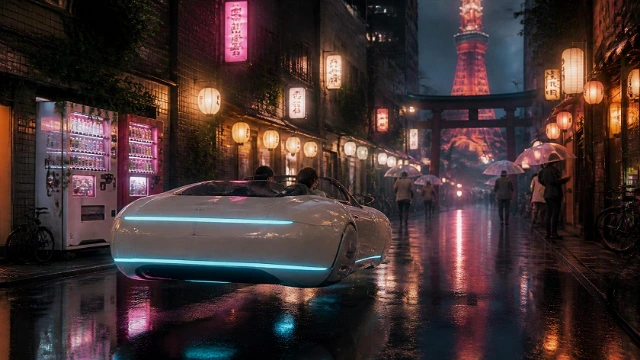 Illustration of the Tokyo circuit: a white roadster gliding through a rainy Tokyo street lit by lanterns.
