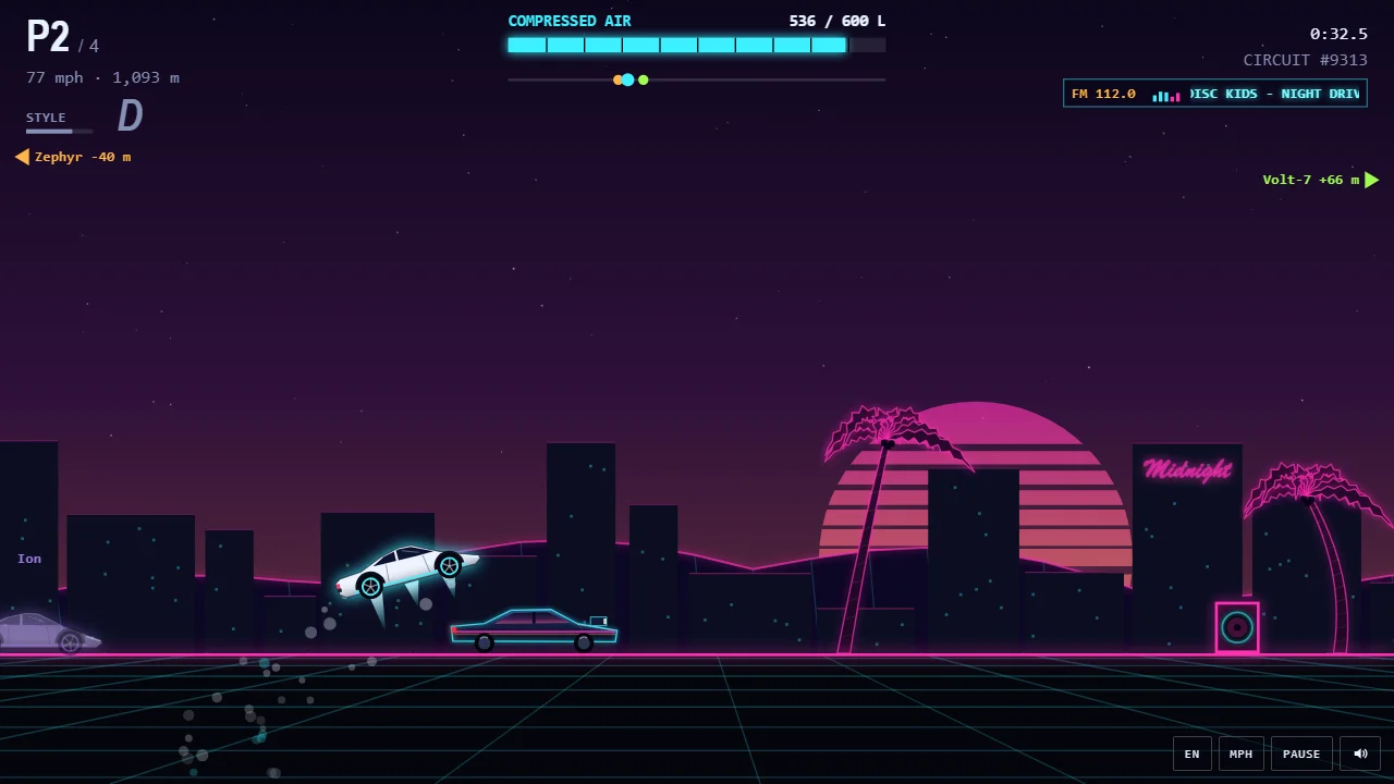 In-game capture: the white roadster in the air on the Neon circuit, with the race interface.